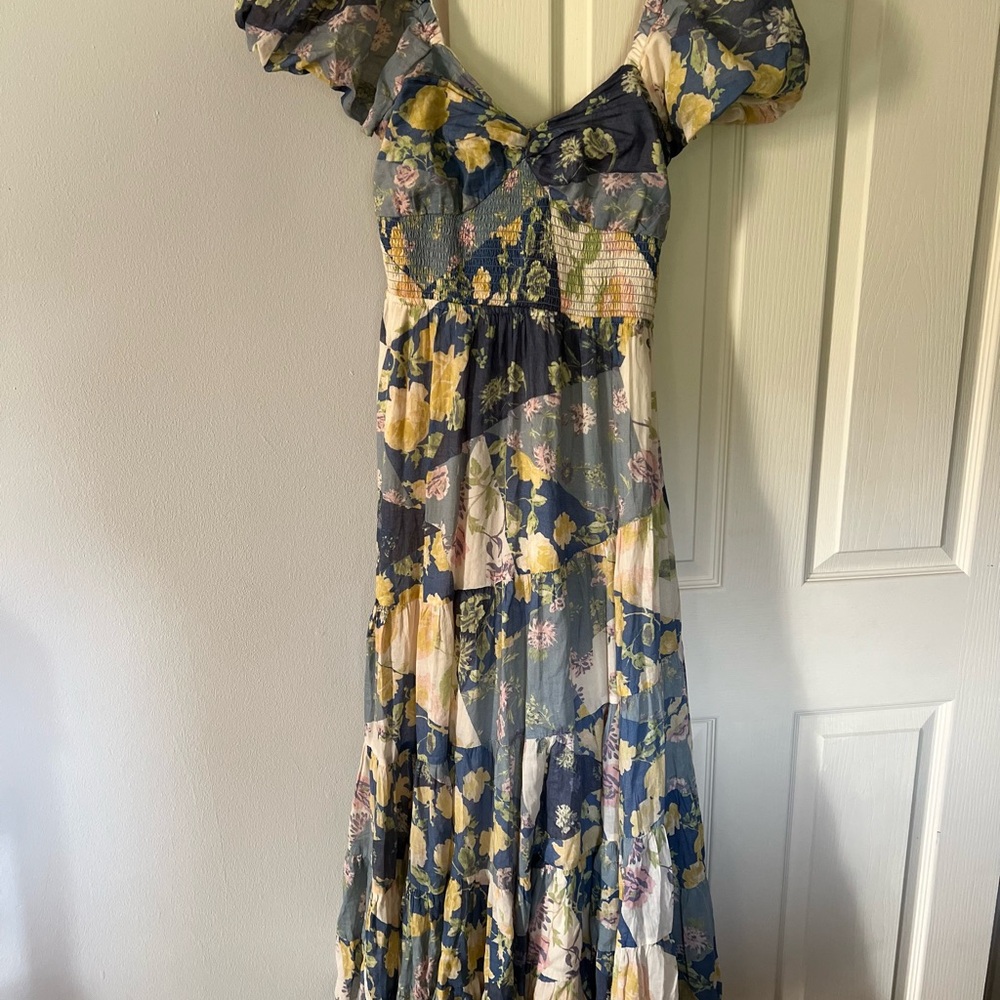 Bohemian Floral Puff-Sleeve Maxi Dress - Blue & Yellow - Picture 2 of 4